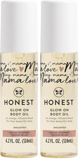 The Honest Company Mama Hydrating and Soothing Glow On Body Belly Oil,Plant Based Hypoallergenic,Fragrance-Free,4.2 fl oz,(Pack of 2)
