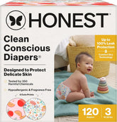 The Honest Company Comfort Dry Disposable Daytime Diapers, Hypoallergenic, Fragrance-Free, Sensitive Skin, Just Peachy + Flower Power, Super Club Box Size 3 (16–28 lbs), 120 Count