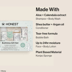 The Honest Company Fragrance-Free Bathtime Gift Set, Disney Design, Hypoallergenic, Bath Essentials for Sensitive Skin, Shampoo and Body Wash, Face Lotion, Bubble Bath, Conditioner, Sponge