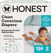 The Honest Company Comfort Dry Disposable Daytime Diapers for Sensitive Skin, Hypoallergenic, Barnyard Babies + Pattern Play, Super Club Box Size 2 (12–18 lbs), 124 Count
