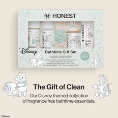 The Honest Company Fragrance-Free Bathtime Gift Set, Disney Design, Hypoallergenic, Bath Essentials for Sensitive Skin, Shampoo and Body Wash, Face Lotion, Bubble Bath, Conditioner, Sponge
