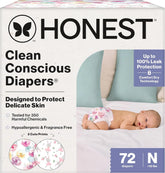 The Honest Company Comfort Dry Disposable Daytime Diapers for Sensitive Skin, Hypoallergenic, Rose Blossom + Tutu Cute, Club Box Size Newborn 72 Count