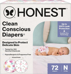 The Honest Company Comfort Dry Disposable Daytime Diapers for Sensitive Skin, Hypoallergenic, Rose Blossom + Tutu Cute, Club Box Size Newborn 72 Count