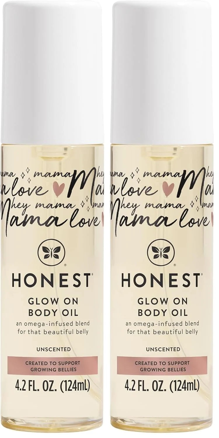 The Honest Company Mama Hydrating and Soothing Glow On Body Belly Oil,Plant Based Hypoallergenic,Fragrance-Free,4.2 fl oz,(Pack of 2)