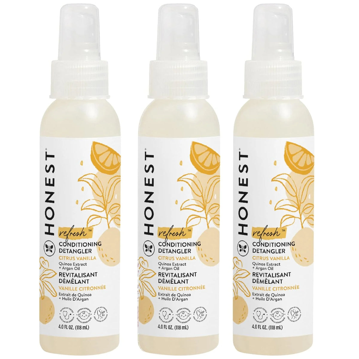 The Honest Company Conditioning Hair Detangler 3-Pack Leave-in Conditioner and Fortifying Spray, Tear Free Cruelty-Free, Hypoallergenic, Citrus Vanilla Refresh, 4 fl oz, pack of 3