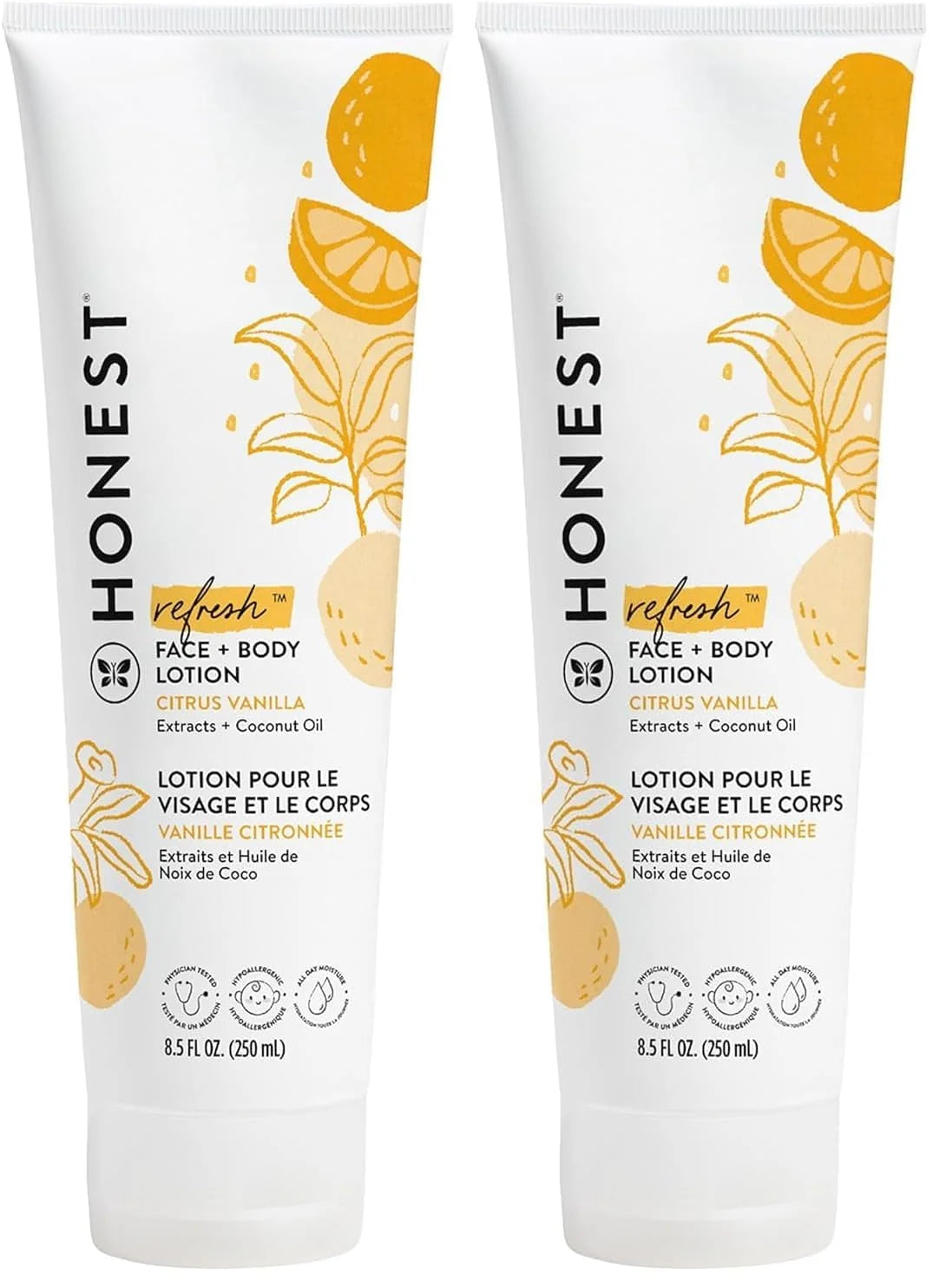 The Honest Company Hydrating Face and Body Lotion,Fast Absorbing,Naturally Derived Hypoallergenic,Citrus Vanilla Refresh,8.5 fl oz,(Pack of 2)
