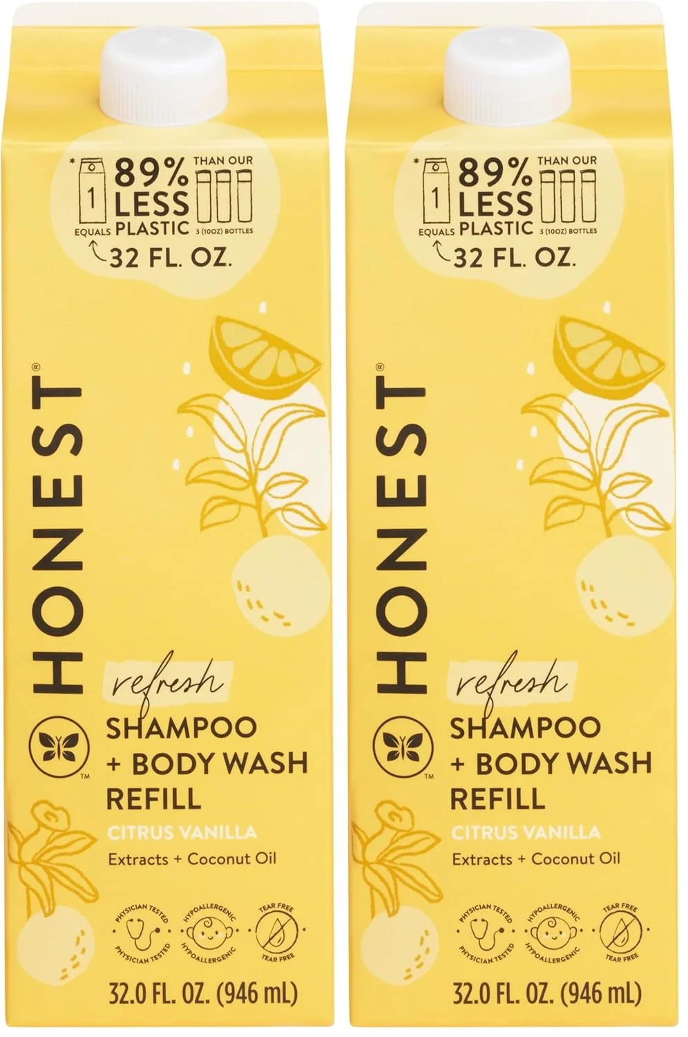 The Honest Company 2-in-1 Cleansing Shampoo Body Wash Refill Carton, Gentle for Baby, Naturally Derived, Tear-free, Hypoallergenic, Citrus Vanilla Refresh, 32 fl oz, (Pack of 2)