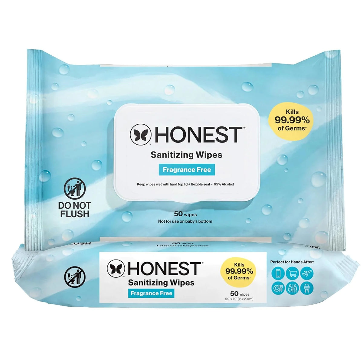 The Honest Company Fragrance-Free Sanitizing Alcohol Wipes, Antibacterial, Safe for Hands Kills 99% of Germs, Made With Aloe, 100 Count, (2 Packs 50)
