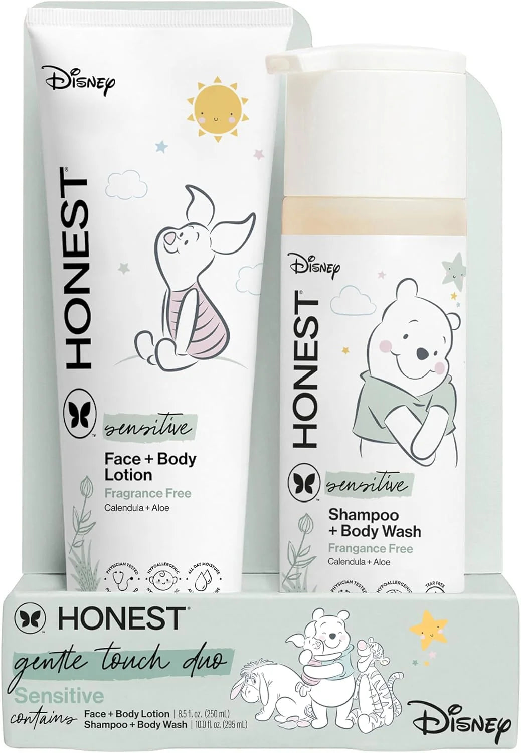 The Honest Company 2-in-1 Cleansing Shampoo and Body Wash, Face Lotion Bundle, Disney Design, Gentle for Baby, Dermatologist Tested, Sensitive Fragrance-Free, 18.5 fl oz