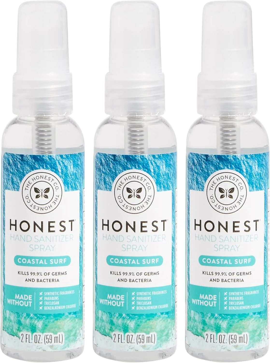 The Honest Company Plant-Based Hand Sanitizer Spray | Kills 99.9% of Germs | Hypoallergenic, Quick-drying + Moisturizing | Coastal Surf, 2 fl oz each (pack of 3)