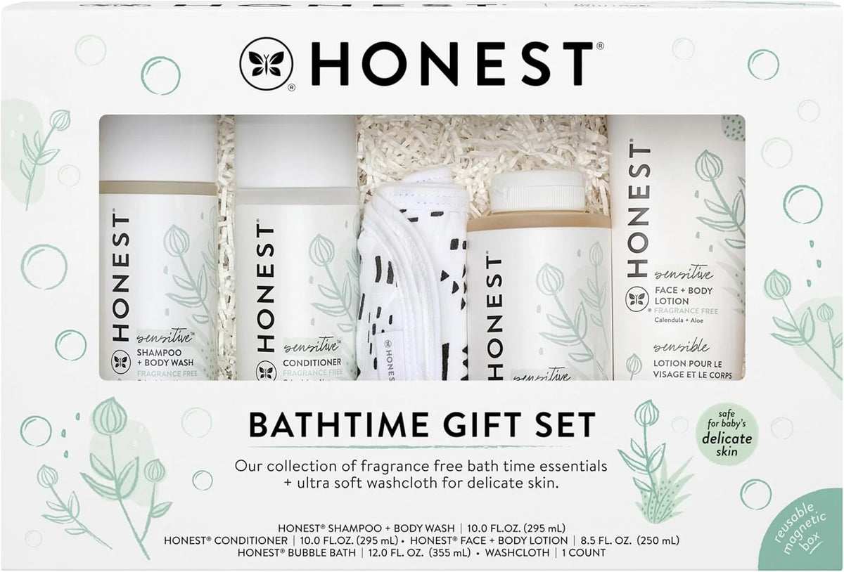 The Honest Company Fragrance-Free Bathtime Gift Set, Hypoallergenic, Bath Essentials for Sensitive Skin, Shampoo and Body Wash, Face Lotion, Bubble Bath, Conditioner, Wash Cloth