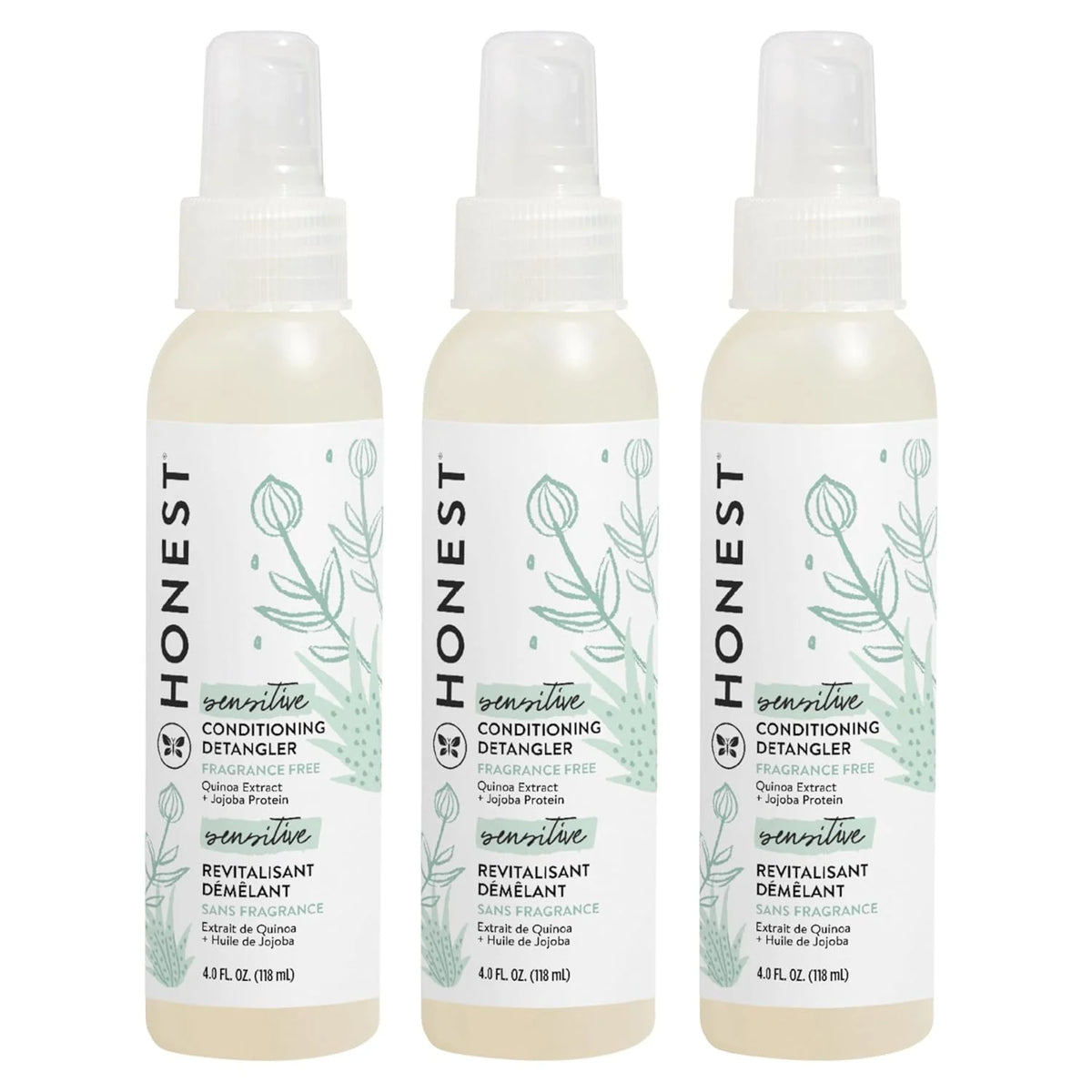 The Honest Company Fragrance-Free Conditioning Hair Detangler Tear-Free Hypoallergenic Leave-In Conditioner and Fortifying Spray for Sensitive Skin 4 fl oz (Pack of 3)