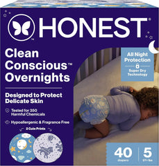 The Honest Company Comfort Dry Overnight Diapers, Up to 12 Hours Protection, Hypoallergenic, Cozy Cloud + Star Signs, Club Box Size 5 (27+ lbs), 40 Count