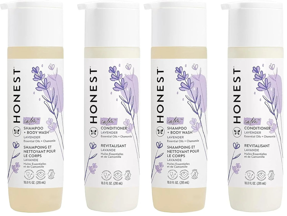 The Honest Company Baby Shampoo, Body Wash & Conditioner Duo, 2-in-1 Cleansing, Silicone-Free, Naturally Derived, Lavender Calm Scent, 10 fl oz (Pack of 4)
