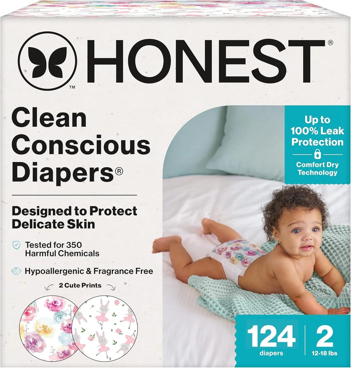 The Honest Company Comfort Dry Disposable Daytime Diapers for Sensitive Skin, Hypoallergenic, Fragrance-Free, Rose Blossom + Tutu Cute, Super Club Box, Size 2 (12-18 lbs), 124 Count