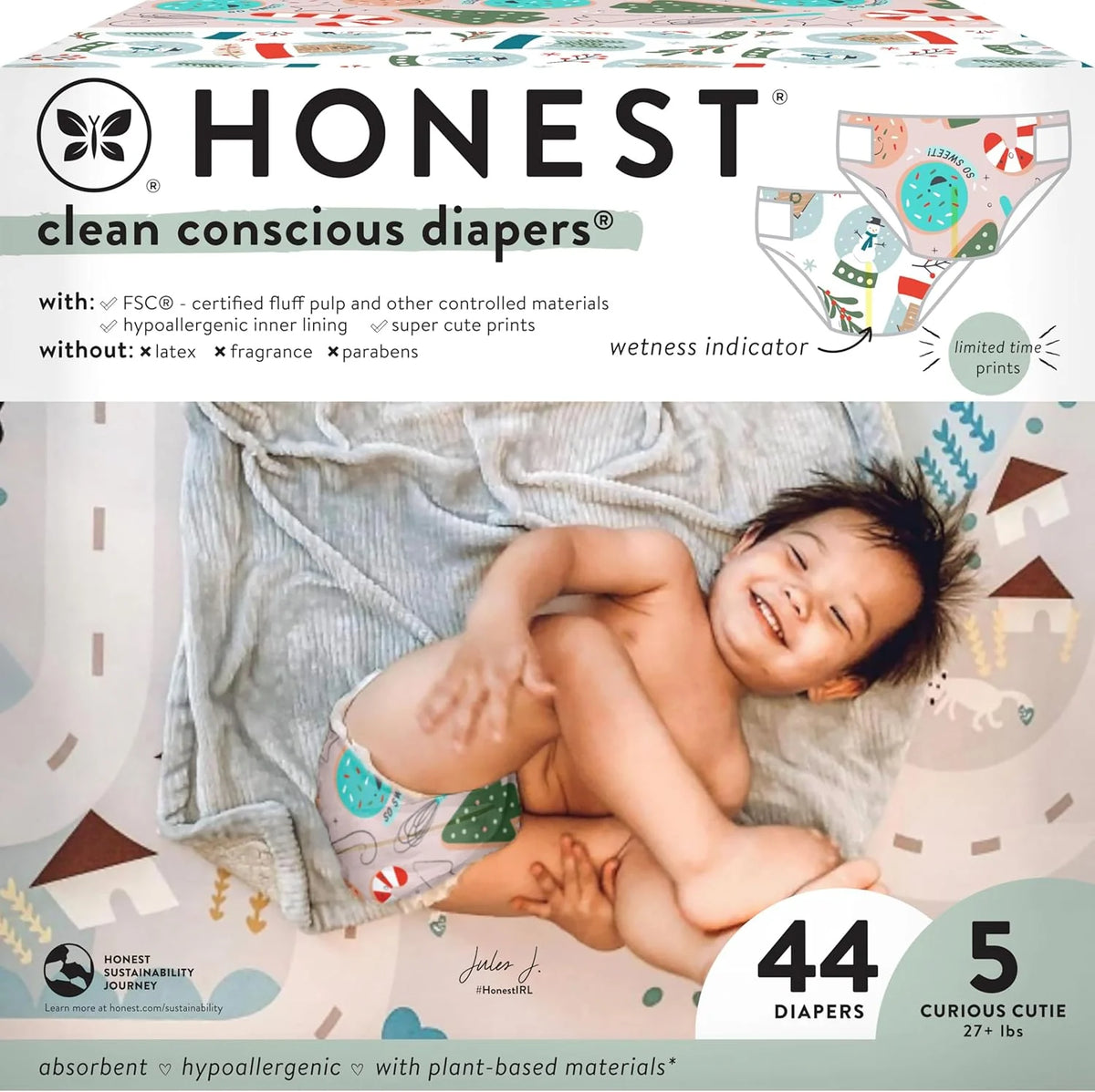 The Honest Company Comfort Dry Disposable Diapers, Plant-Based Sustainable, Winter '24 Seasonal Prints, Club Box, Size 5 (27 lbs), 44 Count