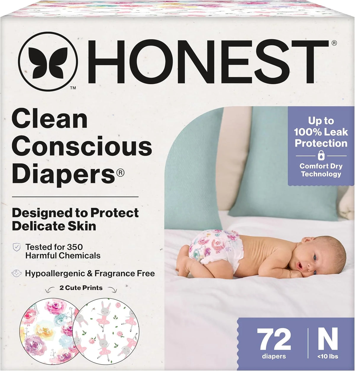 The Honest Company Comfort Dry Disposable Daytime Diapers for Sensitive Skin, Hypoallergenic, Rose Blossom + Tutu Cute, Club Box Size Newborn 72 Count